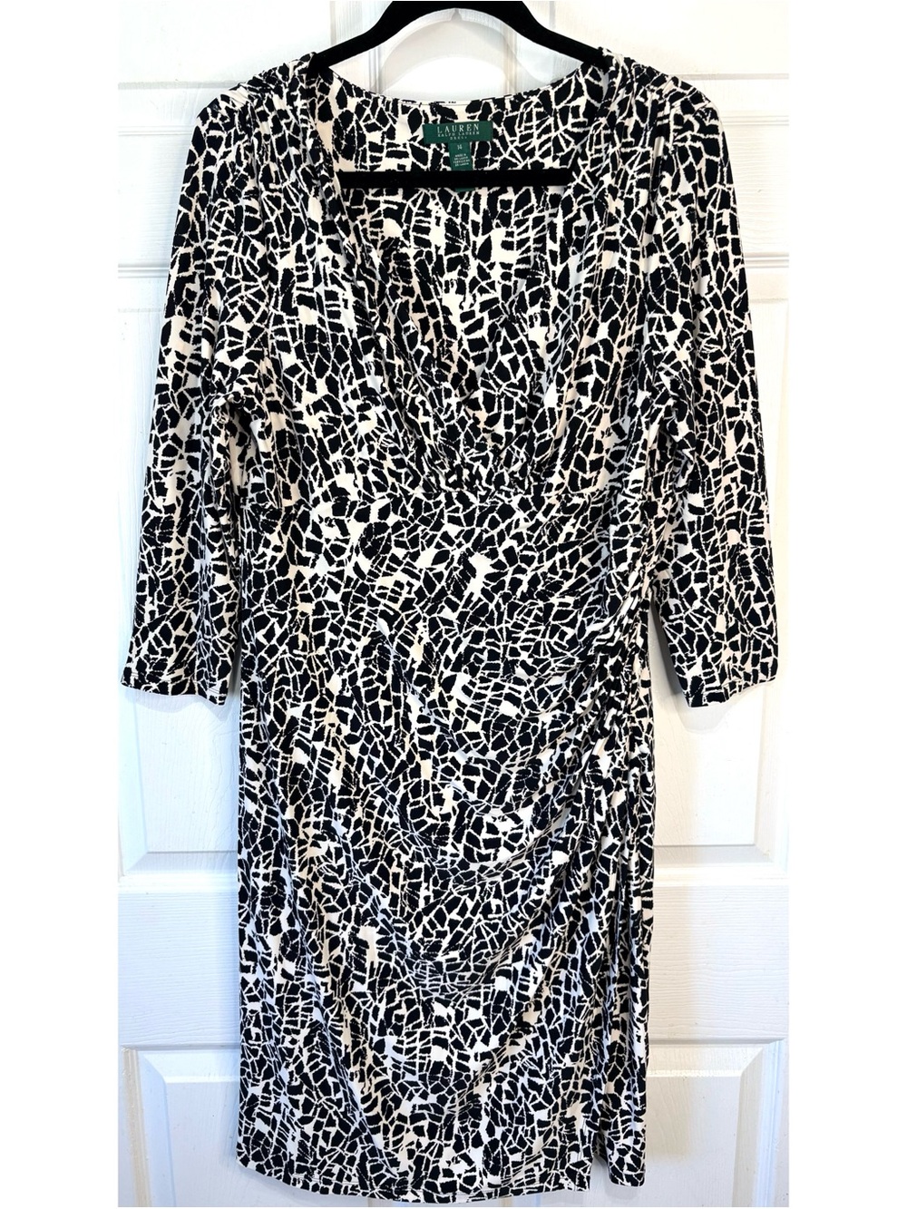 Lauren RALPH LAUREN Animal Print Zebra Giraffe Faux Wrap Ruched Mobwife Dress~14